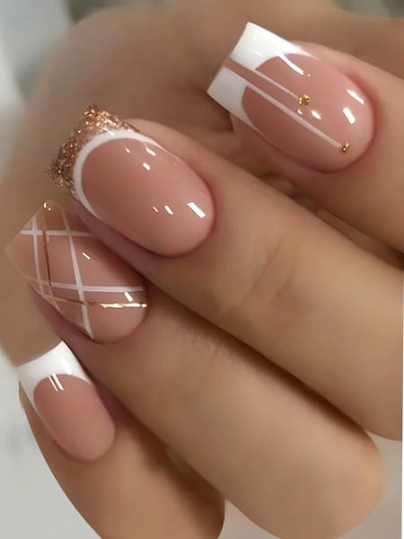 Secret Lives acrylic fake reusable false artifical press on nails french nails with golden glitter and check design 24 pieces with kit