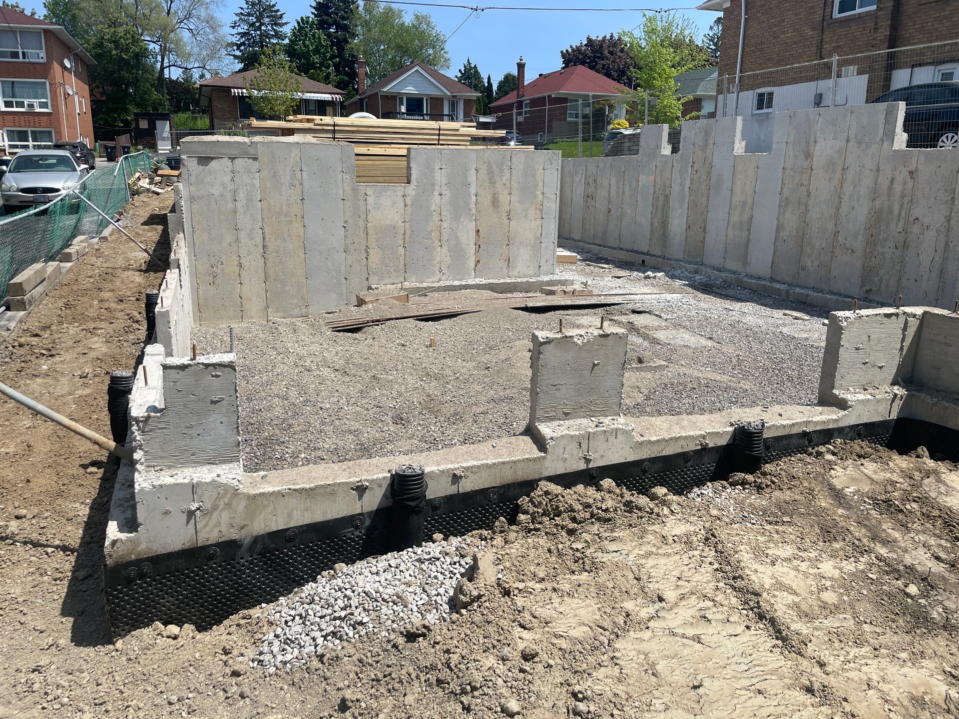 Waterproofing membrane and weeping tile system installed on Scarborough foundation walls Toronto