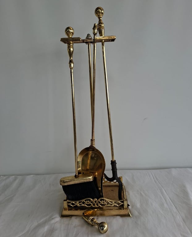 Vintage Brass Fireplace Companion Set with Stand (Poker, Tongs, Shovel & Brush)