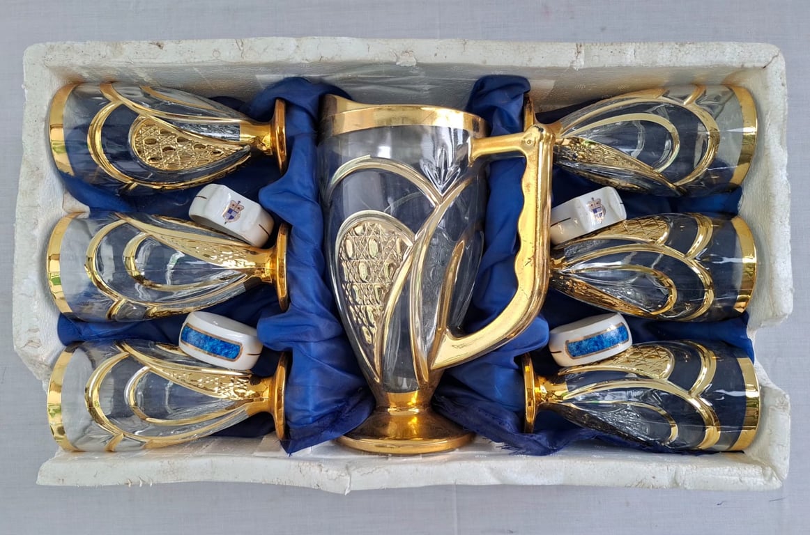 Vintage Gold-Rimmed Glass Beverage Set With Jug And Glasses.