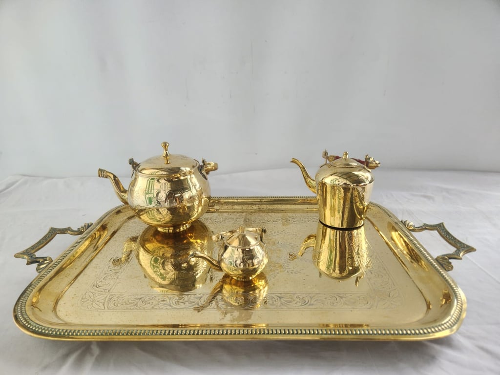 Decorative Brass Tea Set with Serving Tray