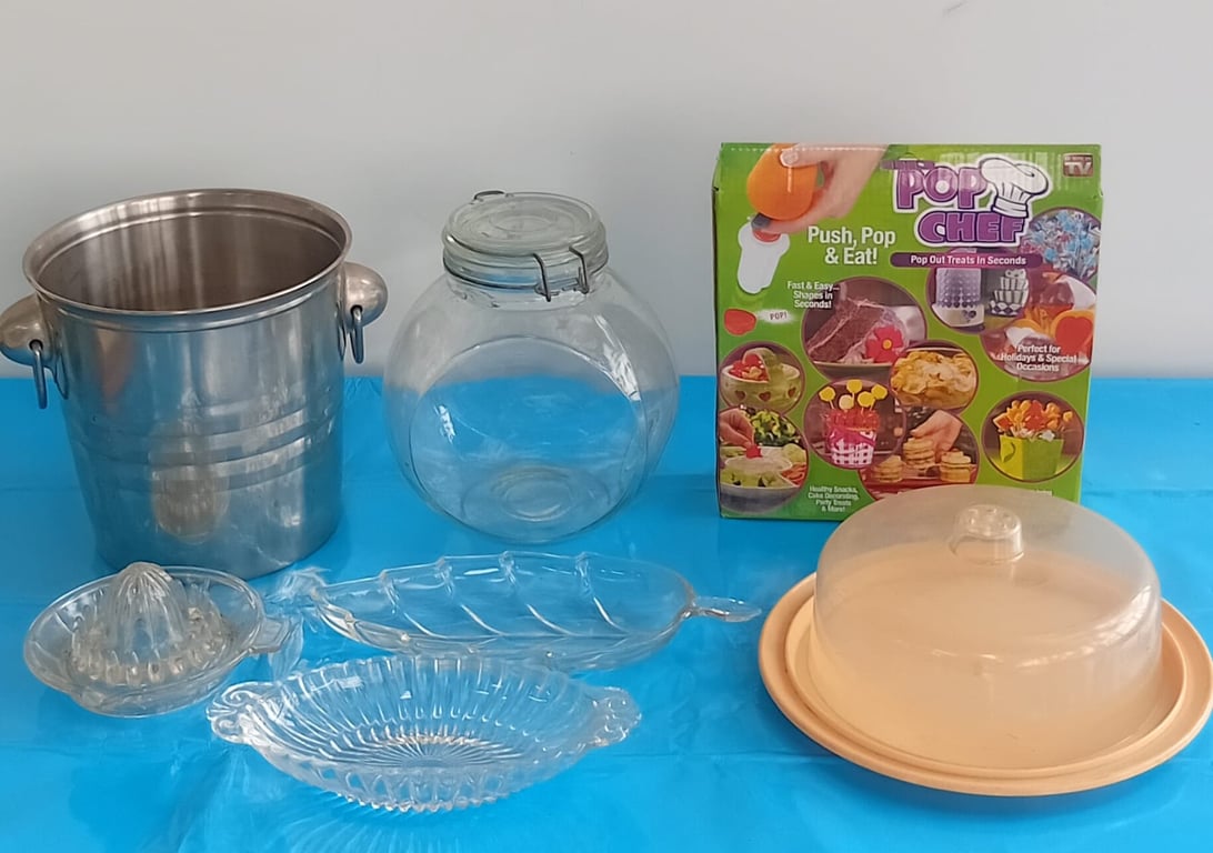 Mixed Household & Kitchenware Lot – Glassware, Storage Jar, Ice Bucket & Pop Chef Set