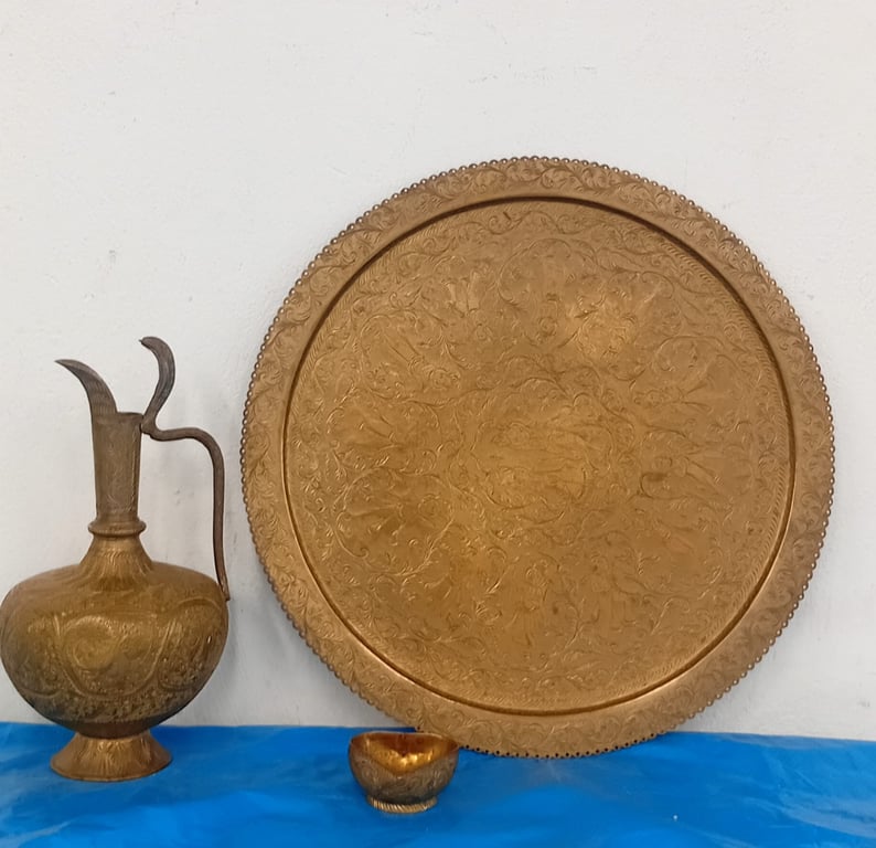 Embossed Brass Tray with Decorative Brass Ewer & Small Bowl (3-Piece Set)