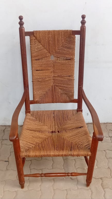 Vintage Wooden Armchair with Hand-Woven Rope Seat & Back (Rustic Farmhouse Style)
