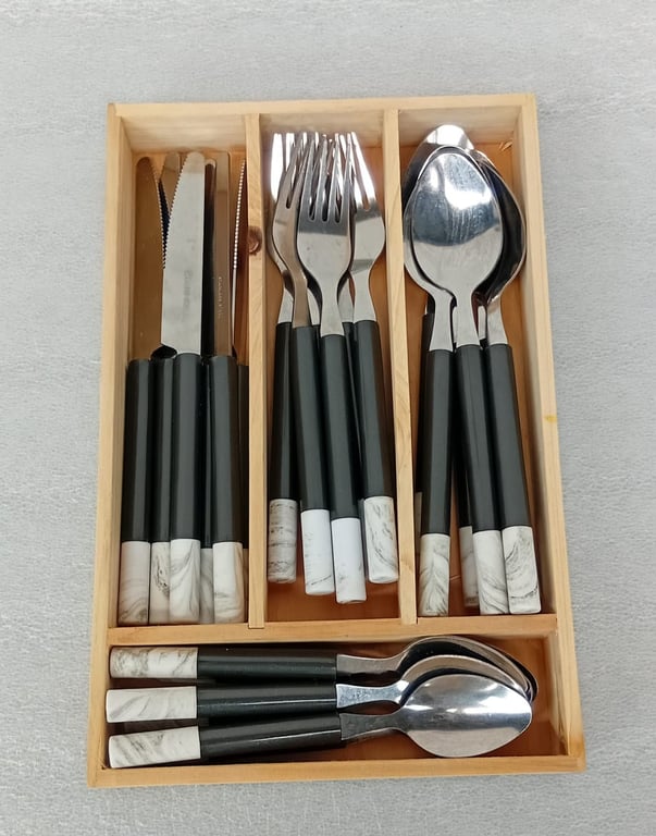 24 Pcs Black & Marble Cutlery Set