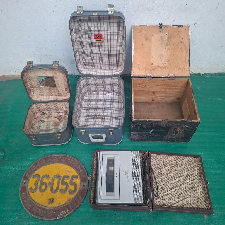 Collection Of Vintage Suitcases, Wooden box,Video Cassette Player & Nameplate