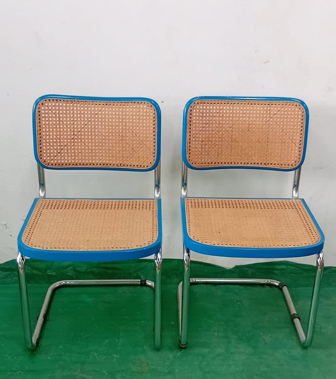 Pair of Vintage-Style Cantilever Chairs – Blue Trim & Cane Weave