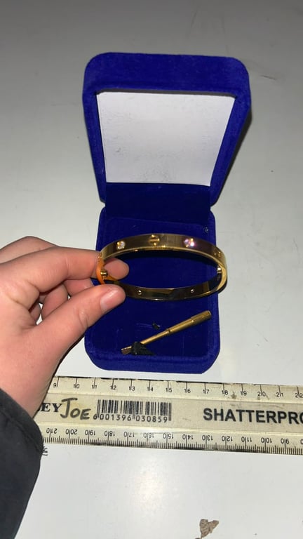Gold bangle patterned after the iconic Cartier love bracelet