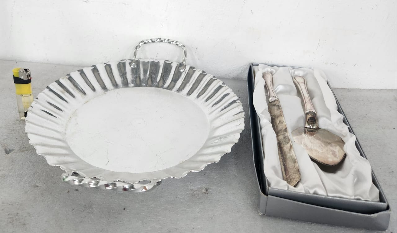Silver-Tone Serving Tray with Cake Server & Knife Set