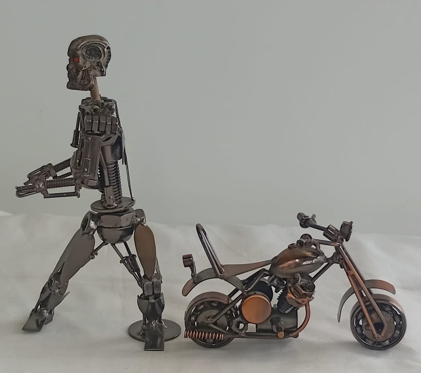 Handcrafted Scrap Metal Skeleton Figure With Custom Motorcycle Sculpture