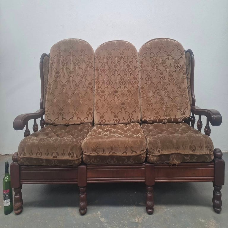 Vintage Three-Seater Upholstered Wooden Sofa with 2 Matching Chairs