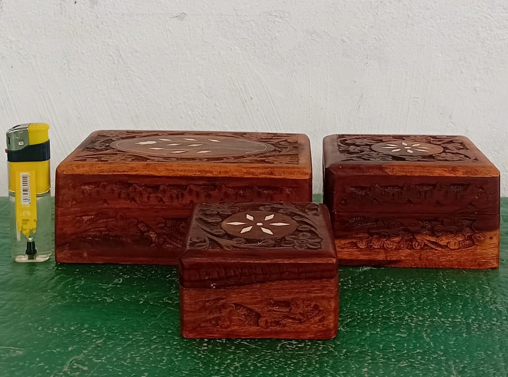 Set of 3 Hand-Carved Wooden Trinket / Storage Boxes