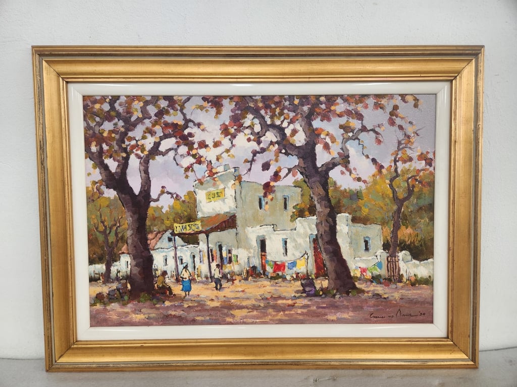 Framed Impressionist-Style Village Street Scene, Signed & Dated 1994