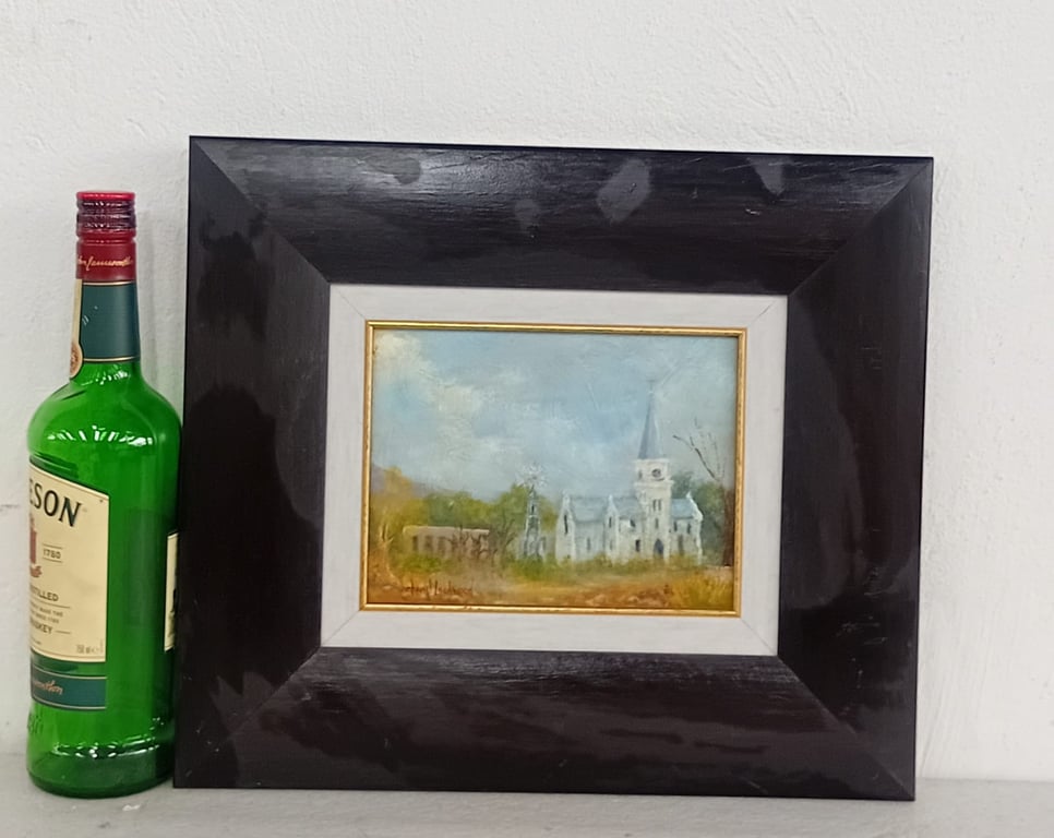 Vintage Framed Landscape Oil Painting with Church Scene