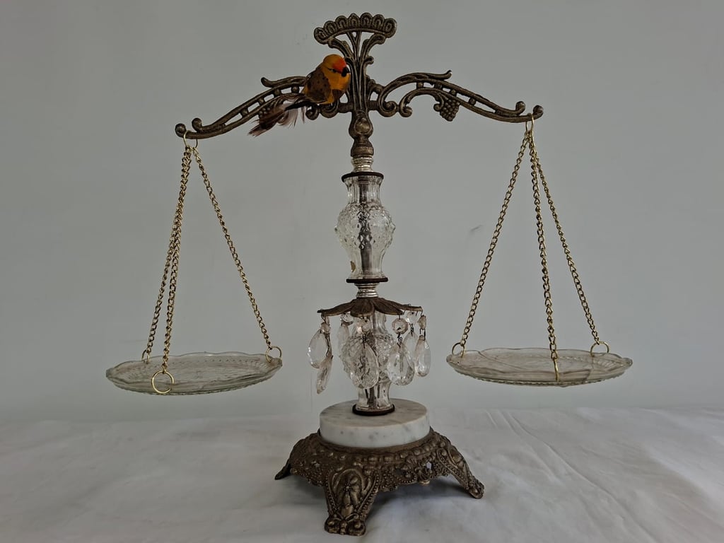 Ornate Decorative Balance Scale with Glass Dishes & Crystal Drops (Vintage Style Display Piece)