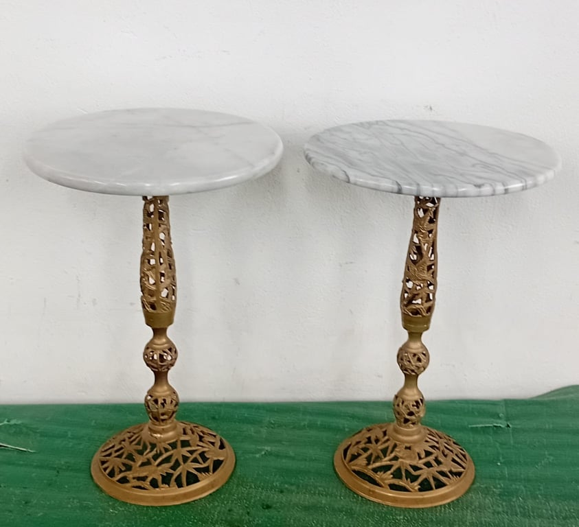 Pair of Decorative Marble-Top Side Tables with Ornate Gold-Coloured Bases