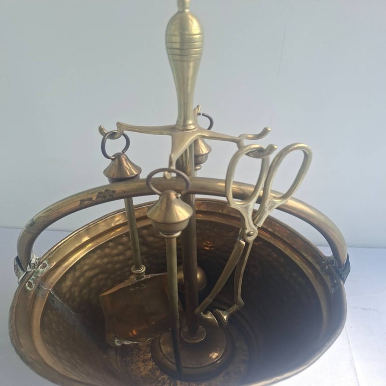 Vintage Brass Fireside Tool Set with Copper Coal Scuttle