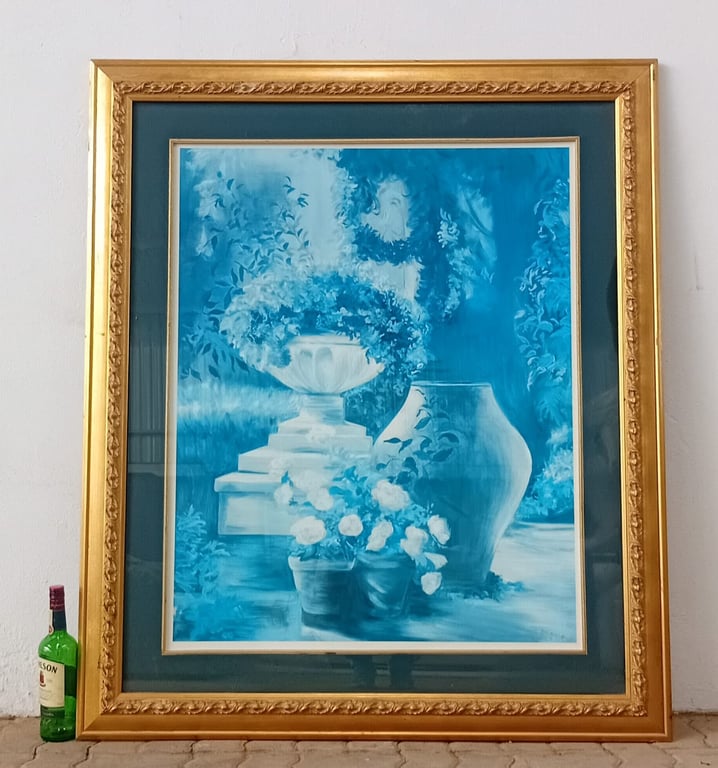 Large Framed Blue Monochrome Floral & Garden Scene Artwork