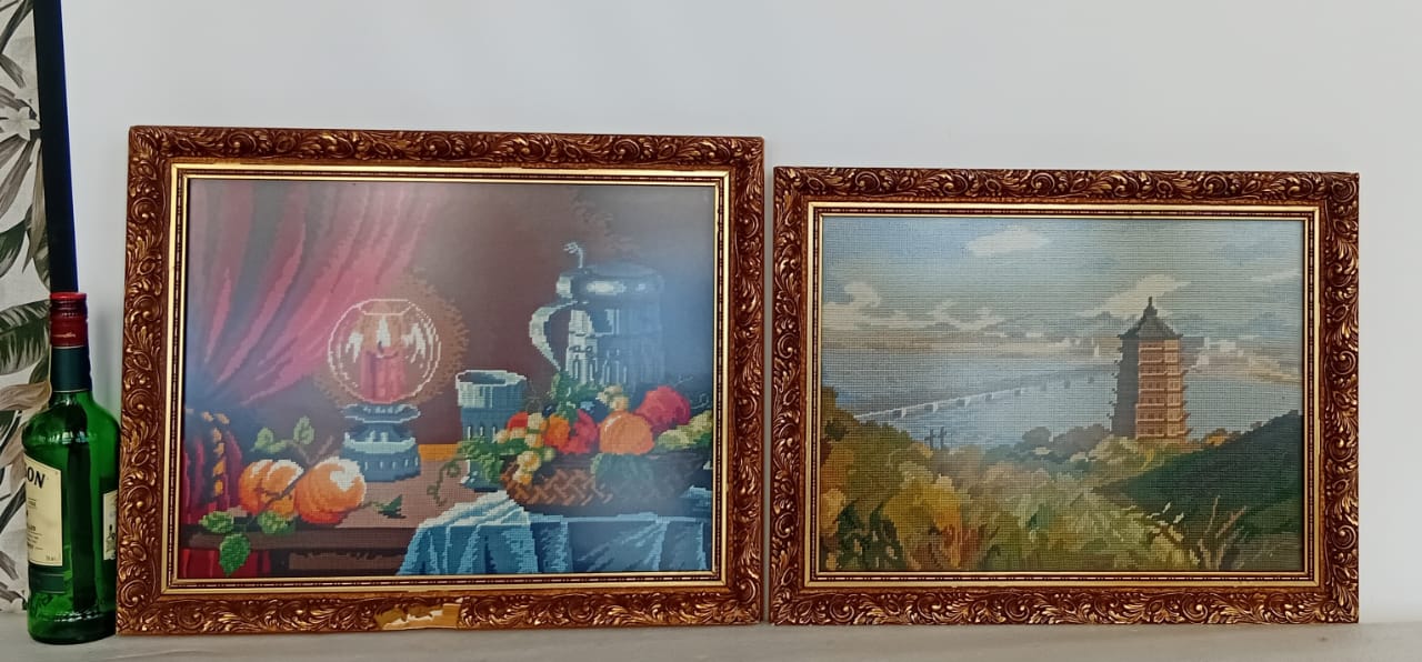 Pair of Framed Tapestry Artworks – Still Life & Landscape