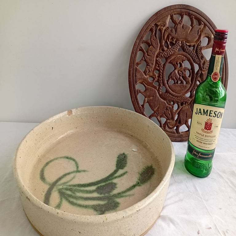 Large Vintage Glazed Mixing Bowl with Decorative Wall Plaque