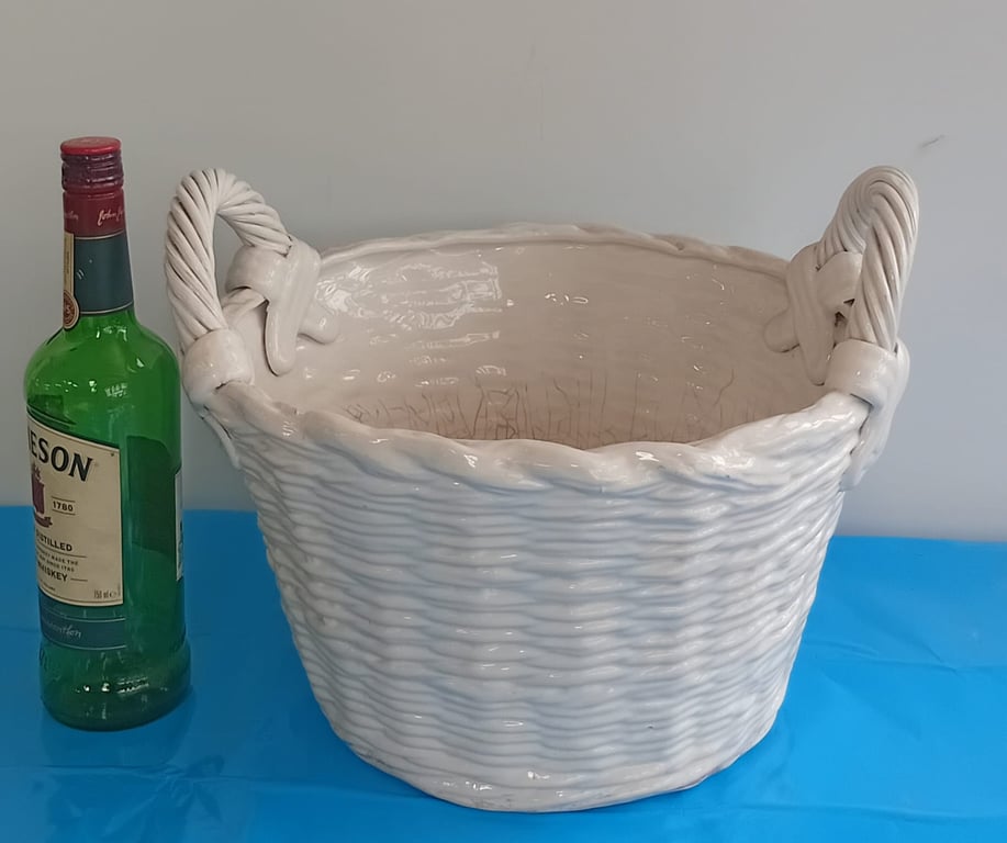 Large White Woven-Style Ceramic Basket / Planter with Rope Handles