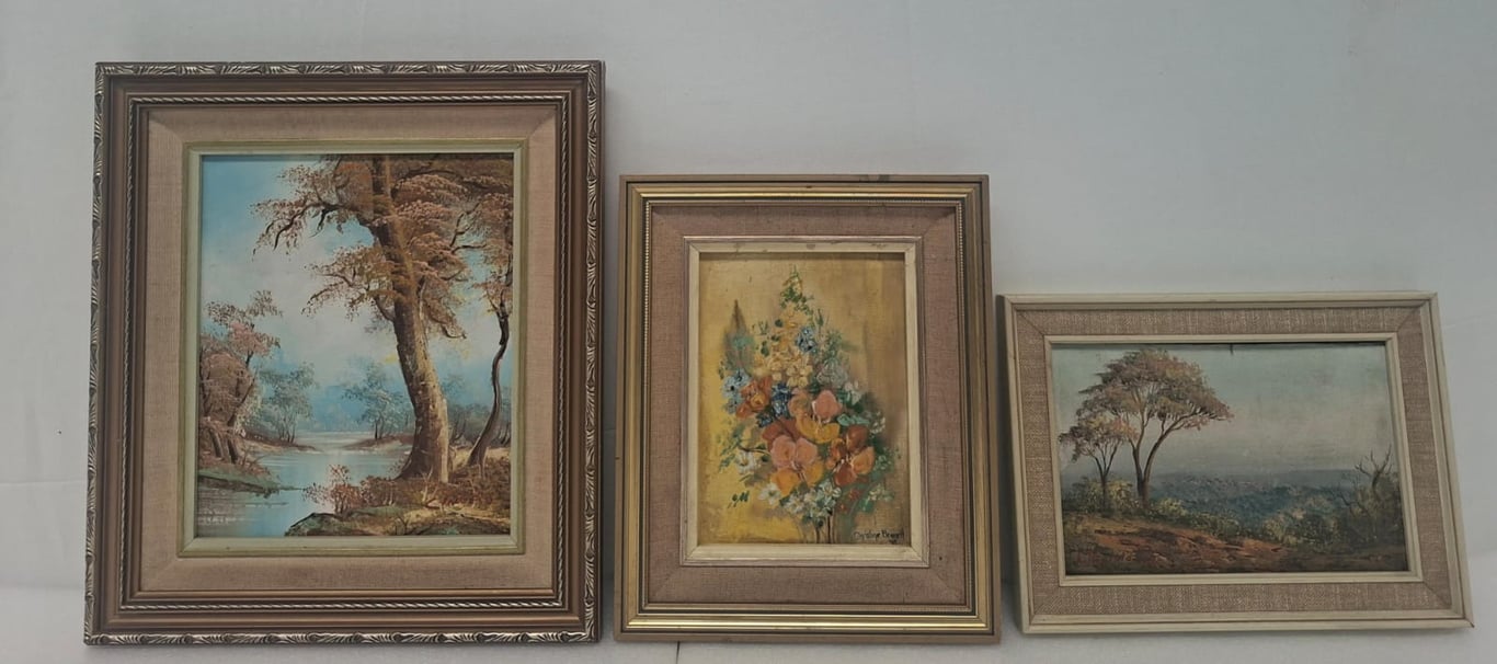 3 x Oil Painting - Bouquet of Flowers, Landscape with Trees and Woodland River Scene