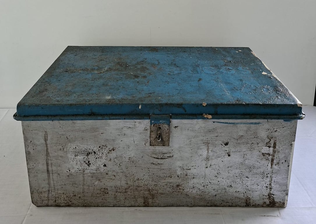 Vintage Metal Storage Trunk with Blue Lid