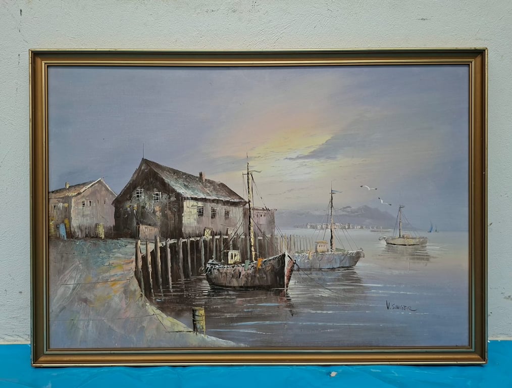 Painting of Coastal Village & Fishing Boats Scene