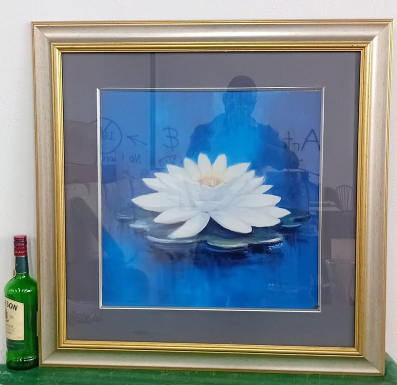 Large Framed Floral Art Print – White Water Lily on Blue Background