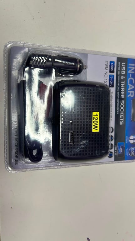 In-Car USB and three sockets adapter commonly referred to as a cigarette lighter splitter. It features 120W total power output and is compatible with both 12V and 24V vehicle systems