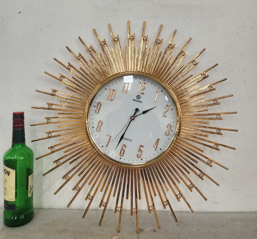 Decorative Sunburst Wall Clock – Gold-Tone with Crystal Accents (Quartz)