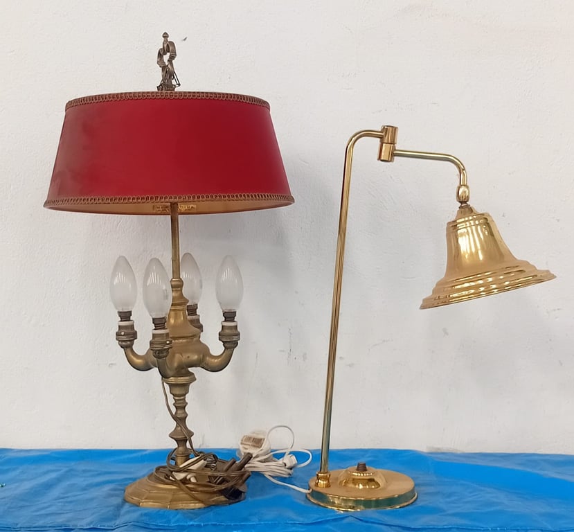 Pair of Brass Table Lamps – Classic Multi-Arm Lamp with Red Shade & Adjustable Reading Lamp