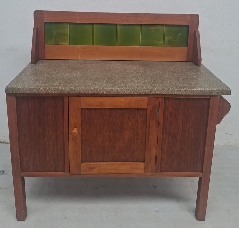Oak Marble Top & Green Tiled Back Wash Stand