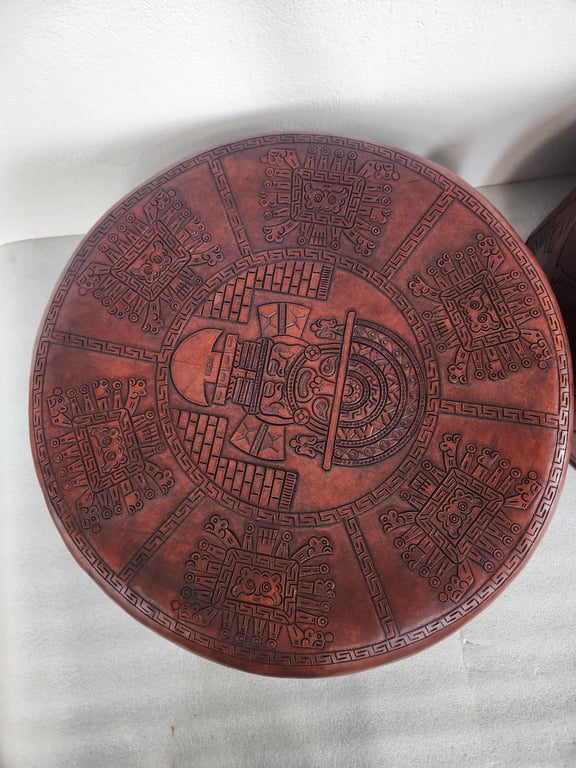 set of 2 Decorative Embossed Leather Drum / Low Stool with Pre-Columbian Style Motifs