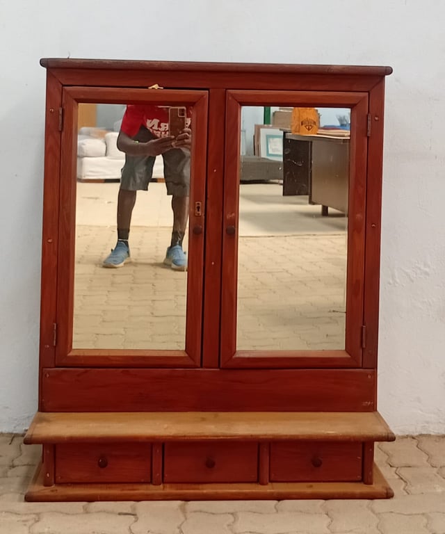 Solid Pine Wall-Mounted Display Cabinet with Mirrored Doors & Drawers