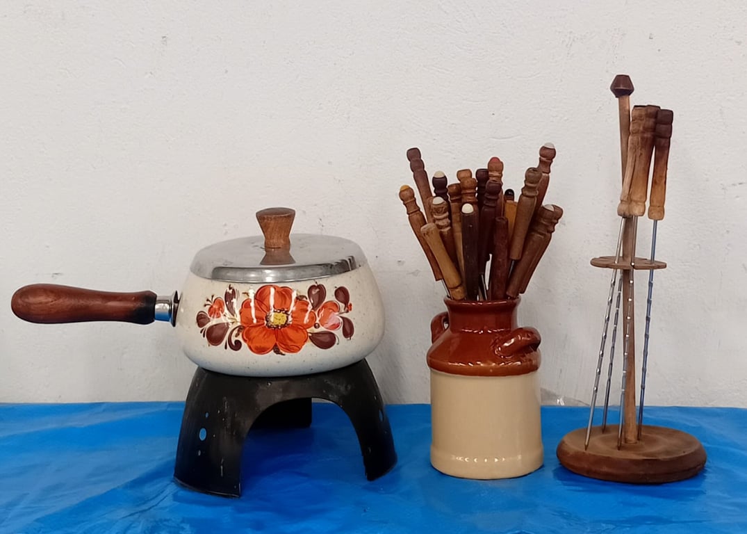 Vintage Enamel Fondue Pot with Burner Stand & Wooden Skewers Set