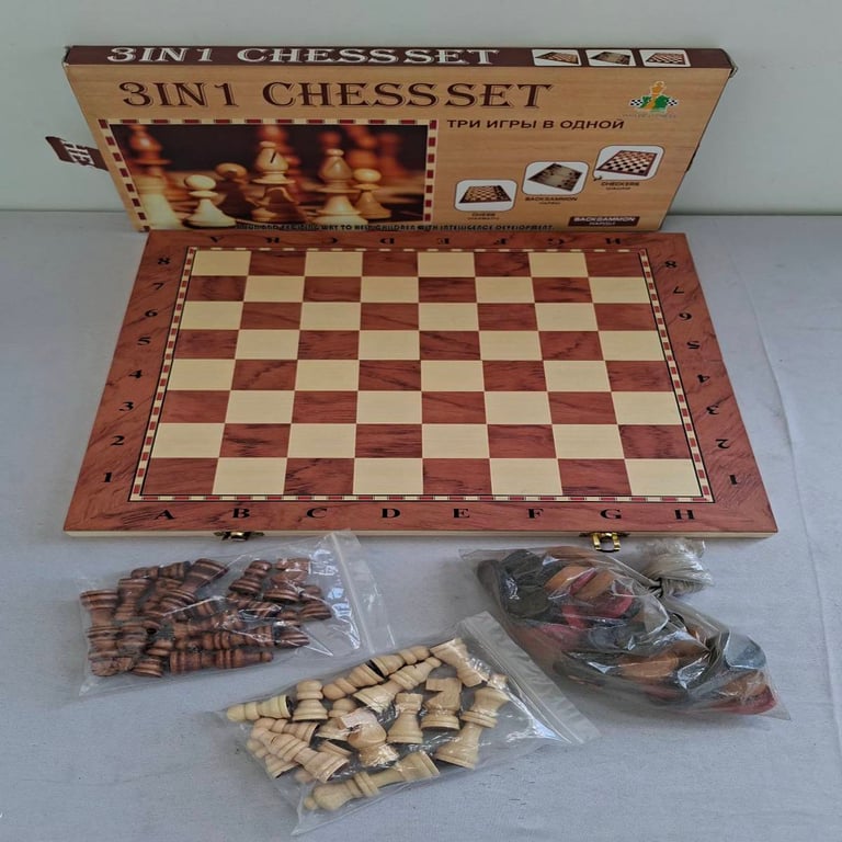 3-in-1 Wooden Chess, Checkers & Backgammon Game Set