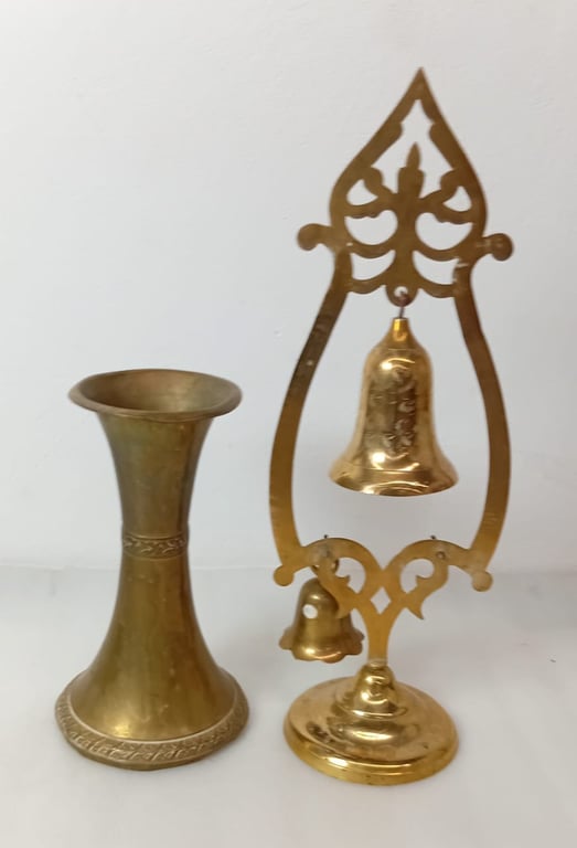 Brass Vase & Ornate Bell Set