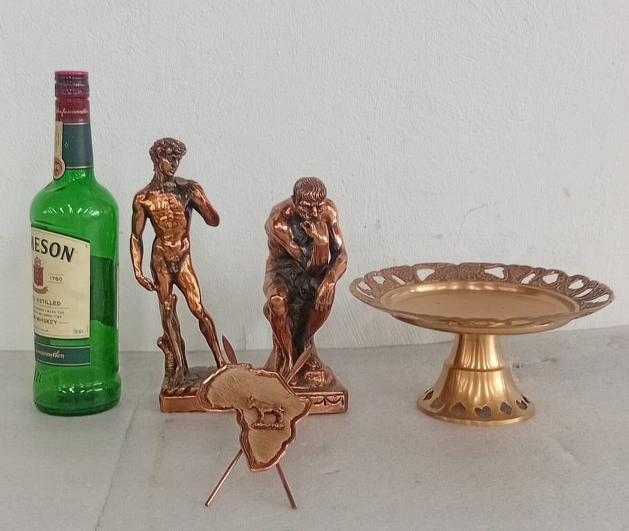 Copper-Toned Figurines & Brass Pedestal Dish (Decorative Set)