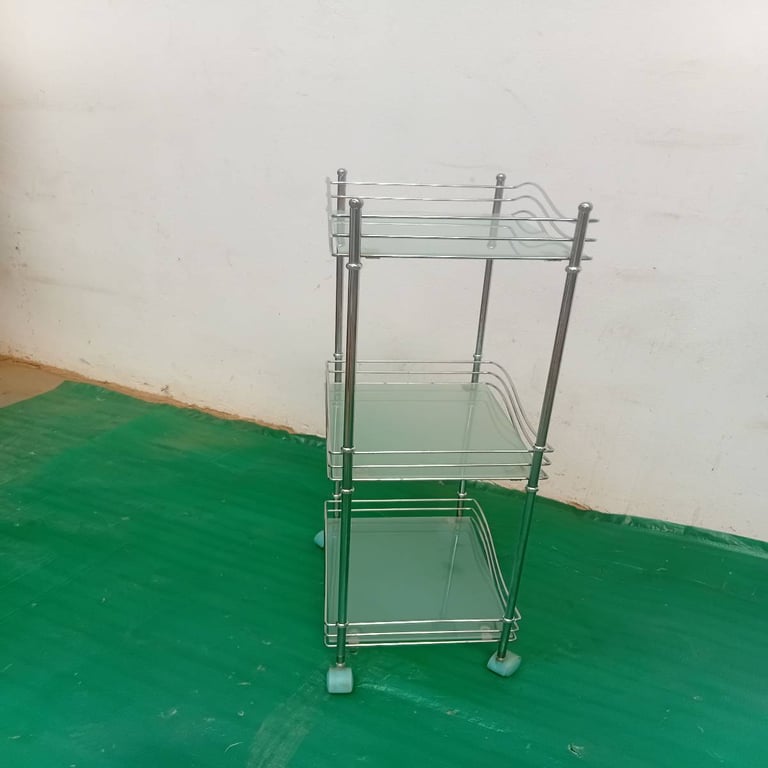 Glass shelving with wheels
