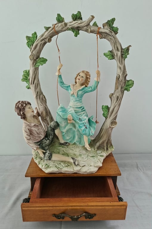 Porcelain Figurine Couple on Wooden Plinth with Drawer