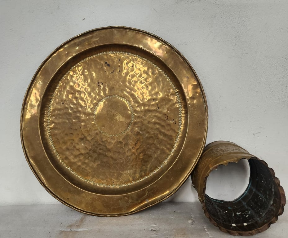 Vintage hammered brass tray and  cylindrical brass item