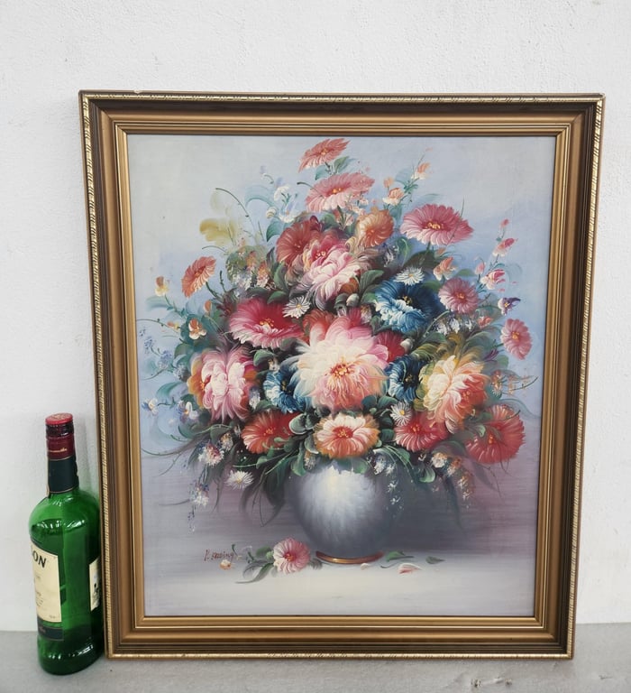 Vintage Floral Still Life Painting in Gilt Frame