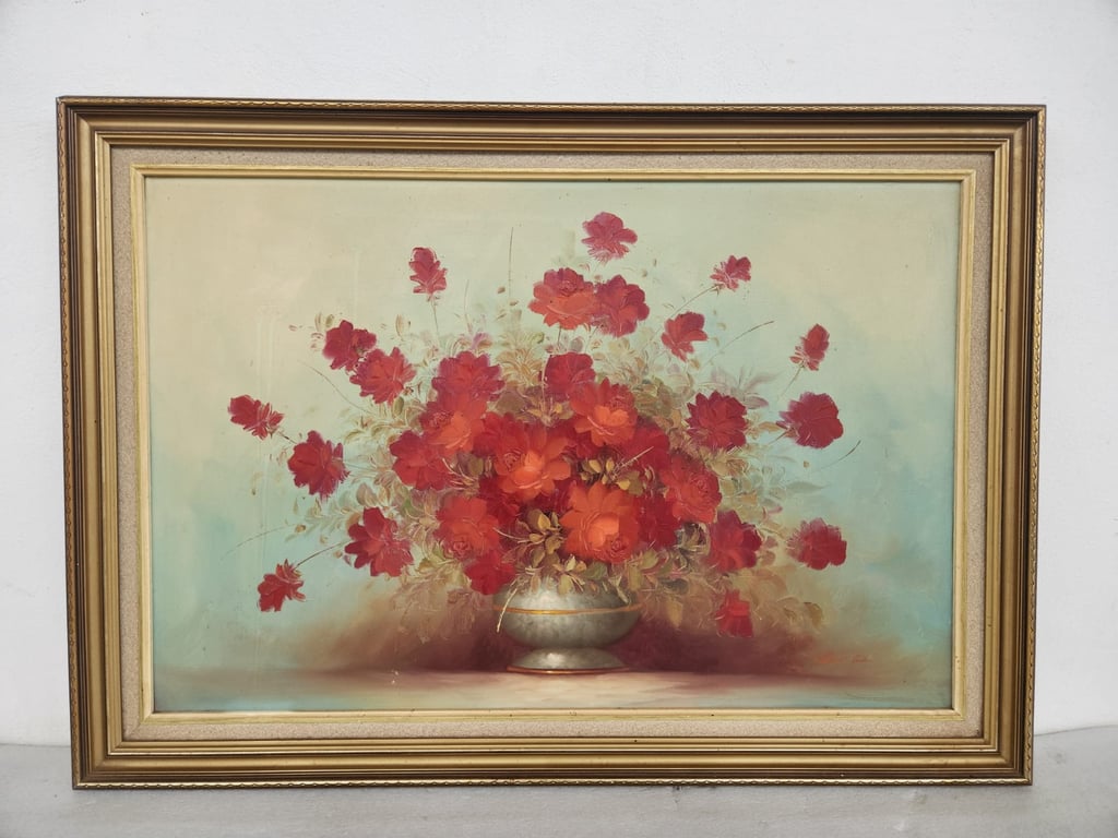 Framed Floral Still Life Painting with Red Blossoms
