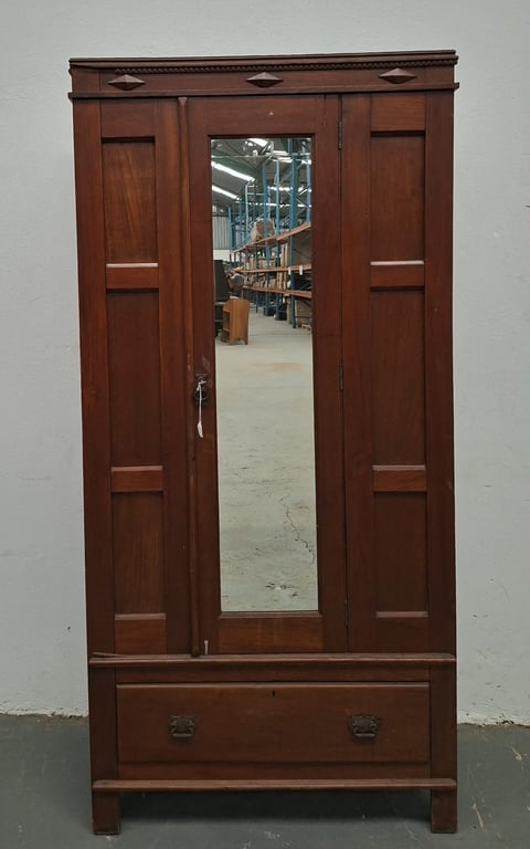 Vintage Solid Oak Wood Wardrobe with Central Mirror Door