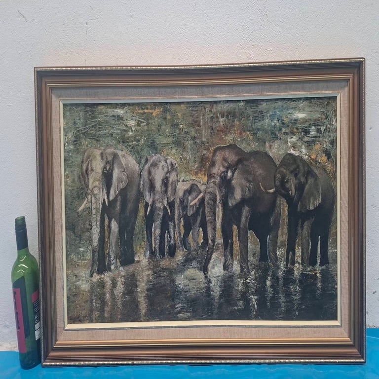 Framed Elephant Herd Painting – Wildlife Artwork