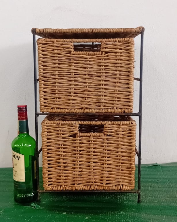 Wicker Basket Storage Unit with Metal Frame – 2 Drawer