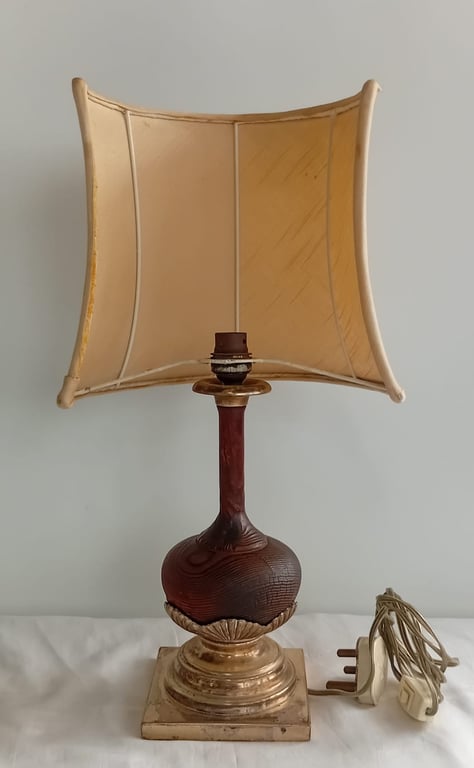 Vintage Wooden & Brass Table Lamp Stand with Fabric Shade