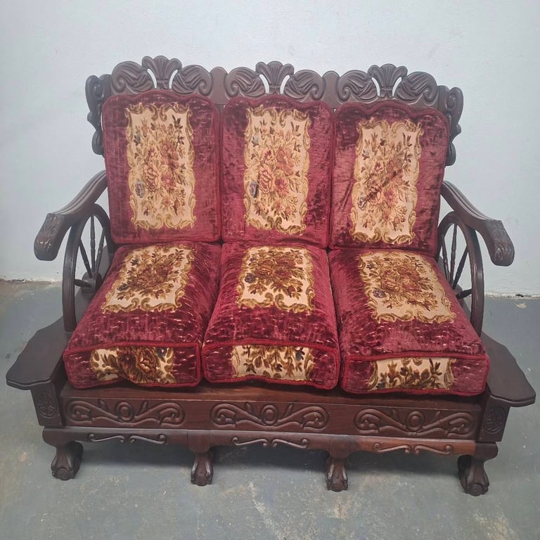Vintage Carved Wooden Three-Seater Sofa with 4 Matching Chairs