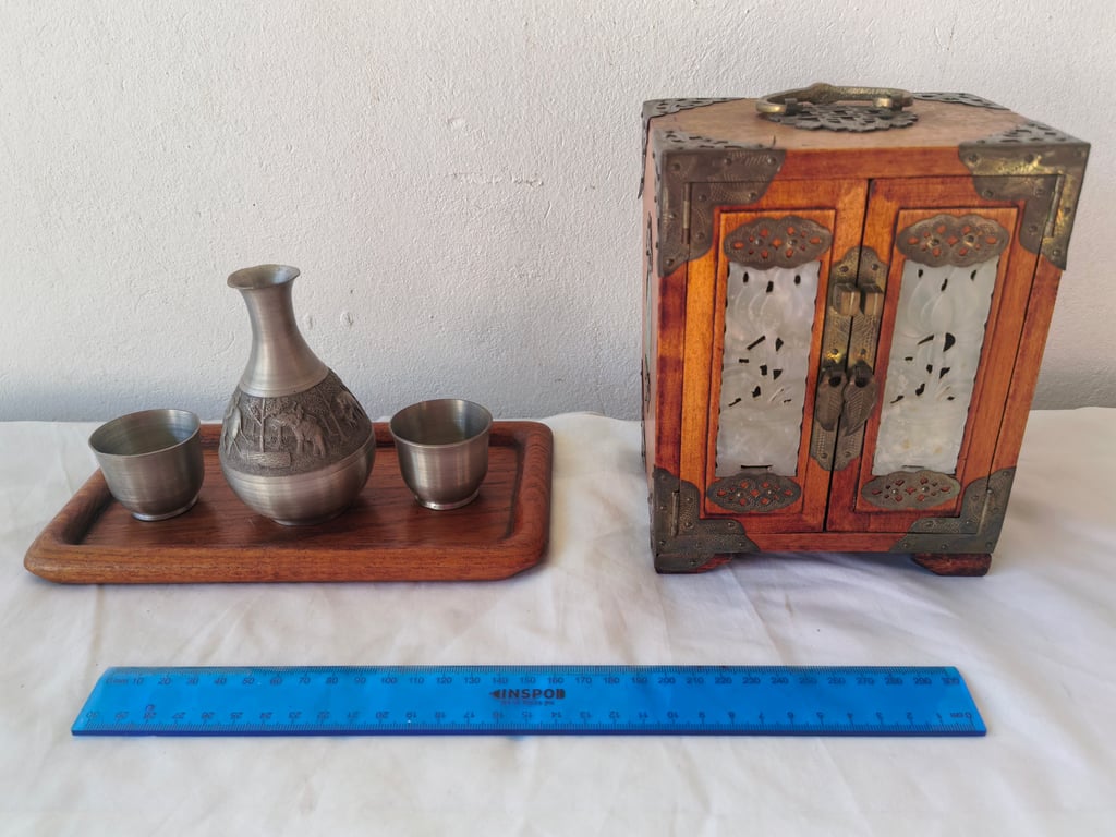 Oriental Jewellery Box and Pewter Carafe Set